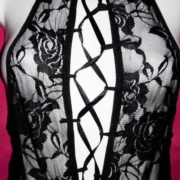 Black Lace Criss Cross Bodice Strappy Bodysuit - Picture 3 of 5